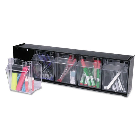 Five Bin Horizontal Tilt Bin Storage System With Interlocking Modular Design, Wall Mount Or Countertop Use, Transparent Tilt Out Bins, Black Finish
