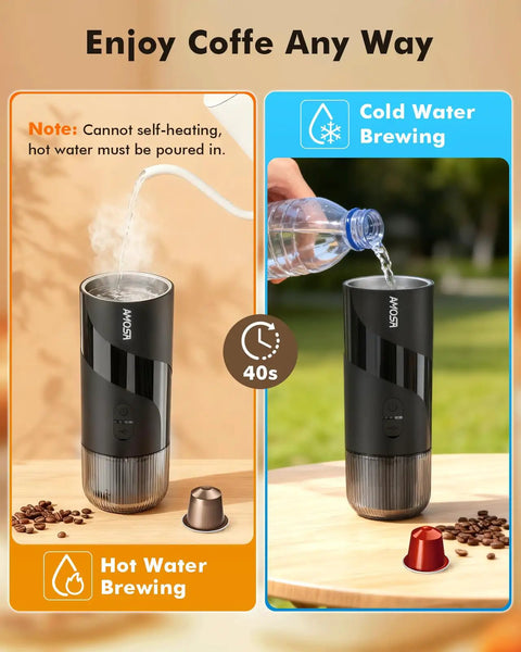 Image of All In One Portable Coffee Maker Set with mini electric espresso machine demonstrating hot and cold water brewing.
