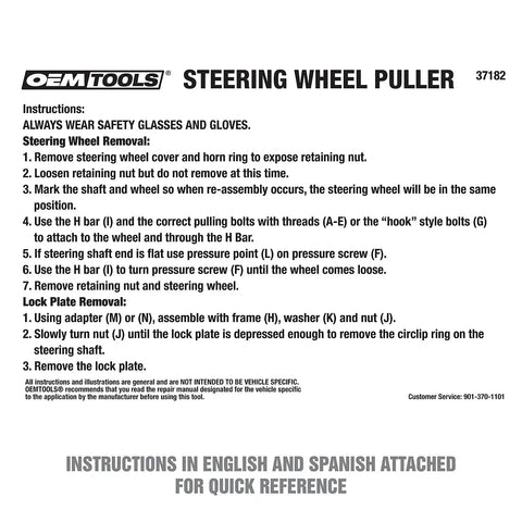 Instructions for Steering Wheel Puller Set For All Major Cars And Trucks With Lock Plate Remover Includes 5/16 x 18, 5/16 x 24, And 3/8 x 16 Adapters For Fast Easy Wheel Removal Pro Grade Auto Repair Tool