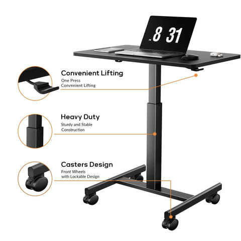 Mobile Standing Desk On Wheels With Height Adjustable Range From 28.5 To 42.5 Inches Gas Spring Assisted Elevation For Easy Sit To Stand Transitions Portable Laptop Desk Rolling Workstation For Home Office With Hook Black shown with laptop