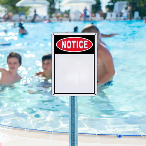 Watch Out For Moving Equipment Construction Warning Sign 8x12 Inch Rustproof Aluminum Metal Sign near a poolside setting