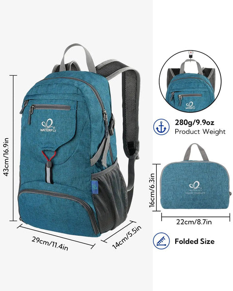 Blue Ultra Lightweight 20L Packable Daypack For Travel, Hiking And Camping, Foldable And Compact, shown with size details.