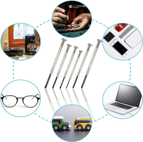 Ultra Handy Mini Screwdriver Set Six Piece Precision Kit For Jewelry Watches Eyeglasses And Electronics Repairs displayed with usage examples