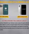 Image of wireless CarPlay and Android Auto interfaces on smartphones with text about 2024 upgraded Type-C Mazda CarPlay kit.