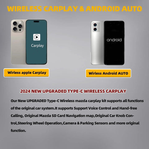 Image of wireless CarPlay and Android Auto interfaces on smartphones with text about 2024 upgraded Type-C Mazda CarPlay kit.