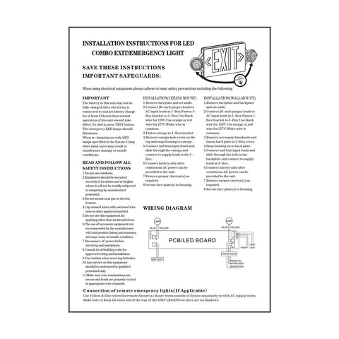 Installation instructions for Built Tough Dual Head Emergency Exit Sign With Bright Red Led Lights Adjustable Commercial Backup Battery Plug In Self Test Ul Rated Works Great For Office 6 Pack.