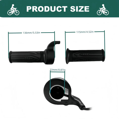 Full Twist Throttle For 12V-72V Ebikes And Scooters 3 Pin SM Connector 71 Inch Wire Right Hand Grip Dimensions