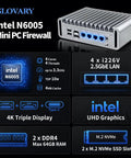Slick Ultra Compact N6005 Mini PC Fanless Firewall Router Built For OPNsense Networks, shows ports and specs for enhanced networking.