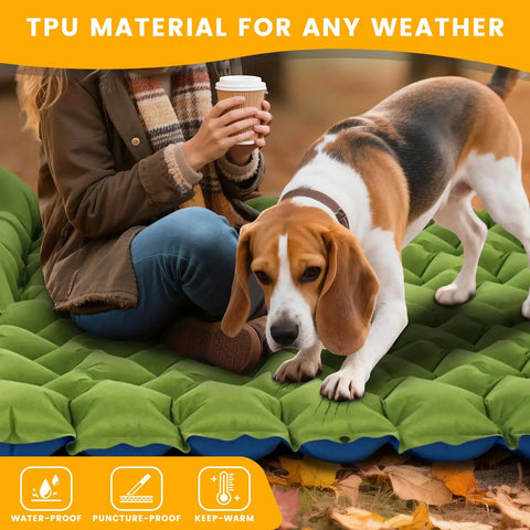 Person with coffee and dog sitting on Ultralight Inflatable Camping Pad With Pillow And Built In Foot Pump, 4 Inch Thick Comfort.