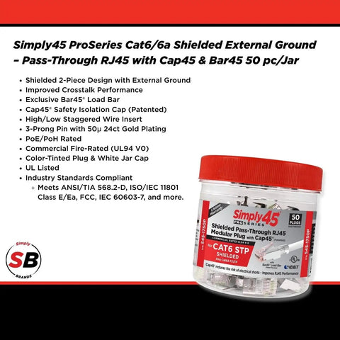 Pro Grade Cat6 Cat6A Shielded RJ45 Pass Through Modular Plugs 8P8C 24K Gold Plated Crimp Connector Bar45 For 23 AWG Solid UTP STP FUTP Compatible UL Listed 50 Pack in jar with red lid, product details visible.