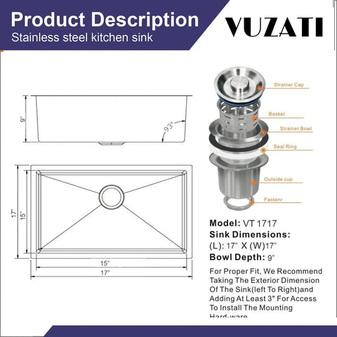 Technical diagram of Undermount Stainless Steel Kitchen Sink 17x17 Deep Single Bowl with dimensions and strainer components labeled.