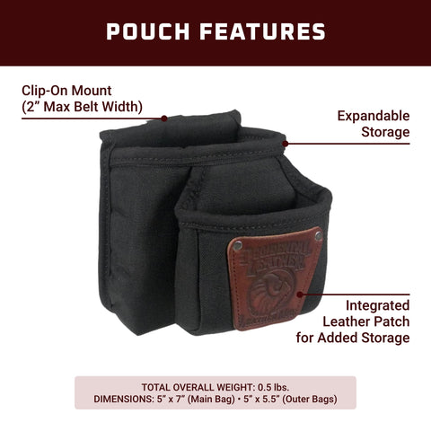Double Clip-On Pouch For 2-Inch Work Belts with leather patch, 5x7 and 5x5.5 pockets, shown with features and dimensions.