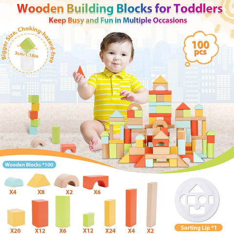 Front view of a toddler playing with a colorful 100-piece wooden building blocks set with storage lid.