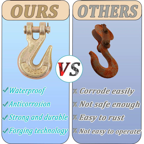 Comparison of 2 Pack Three Eighths Inch Chain Hooks Grade 70 Heavy Duty Clevis Grab Hooks with rusted alternative, showing durability and corrosion resistance.