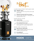 Powerful 0.75 Horsepower Garbage Disposal With Power Cord, Batch Feed Safety Activation And Quiet Operation shown with features.
