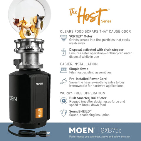 Powerful 0.75 Horsepower Garbage Disposal With Power Cord, Batch Feed Safety Activation And Quiet Operation shown with features.