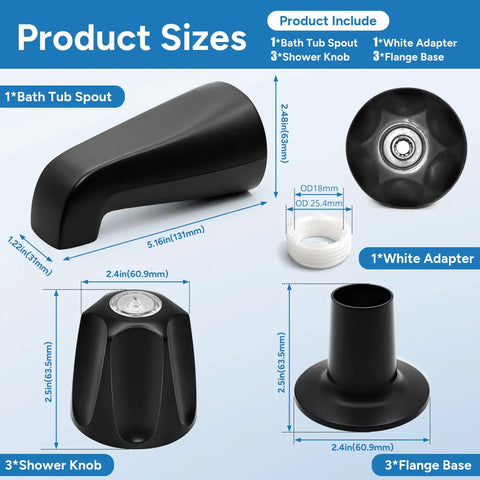 Dimensions and components of Matte Black 3-Piece Tub Faucet Set With Shower Knobs And Spout