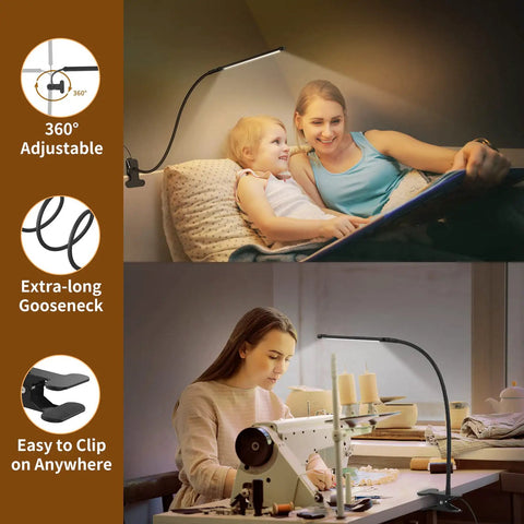 Clip On LED Book Light With Flexible Gooseneck 3 Color Modes And 10 Brightness Levels for reading and crafting