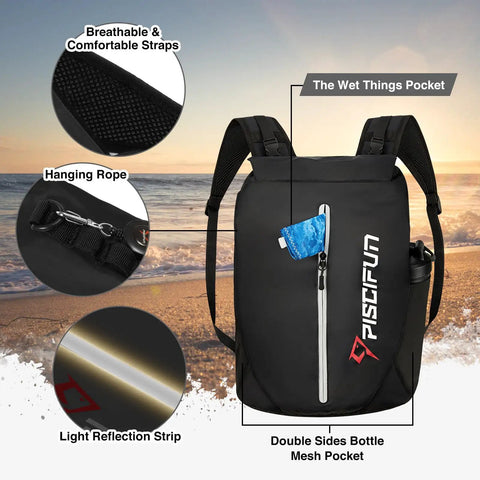 Floating Waterproof Dry Bag Backpack 20L With Waist Pouch And Phone Case Lightweight Outdoor Gear For Kayaking Camping Beach Boating And Swimming For Men And Women, with breathable straps, wet pocket, hanging rope, and reflective strip on a beach.