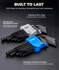 26 Piece Metric And SAE Allen Wrench Set With Ball End Long Arm Hex Keys From One Point Two Seven Millimeter To Ten Millimeter And From Three Sixty Fourths Of An Inch To Three Eighths Of An Inch With Handy Holder For Auto Maintenance And DIY Projects showcasing CR-V steel wrenches with chamfered edges and phosphate finish.