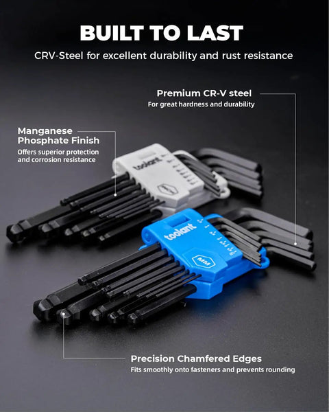 26 Piece Metric And SAE Allen Wrench Set With Ball End Long Arm Hex Keys From One Point Two Seven Millimeter To Ten Millimeter And From Three Sixty Fourths Of An Inch To Three Eighths Of An Inch With Handy Holder For Auto Maintenance And DIY Projects showcasing CR-V steel wrenches with chamfered edges and phosphate finish.
