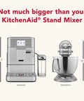 Heavy Duty Stainless Steel Espresso Machine With Removable Bean Hopper And Auto Milk Frother next to KitchenAid Stand Mixer for size comparison.