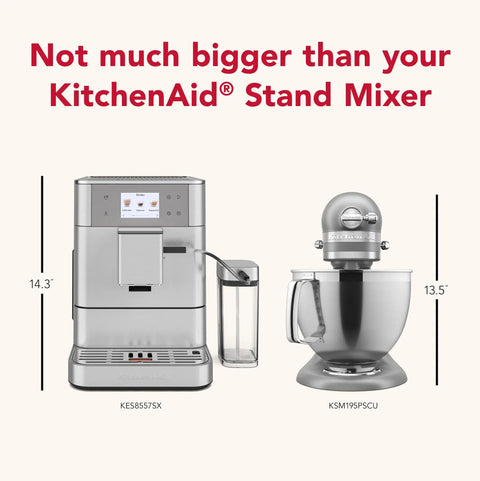 Heavy Duty Stainless Steel Espresso Machine With Removable Bean Hopper And Auto Milk Frother next to KitchenAid Stand Mixer for size comparison.