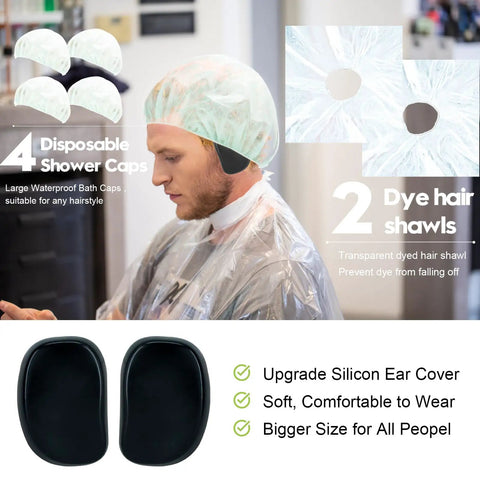 Pro At Home Hair Dye Kit 21 Pcs Set With Dye Brush 350ml Color Bowl Hair Clips Applicator Ear Covers Gloves Capes And Disposable Shawls showing shower caps and hair shawls