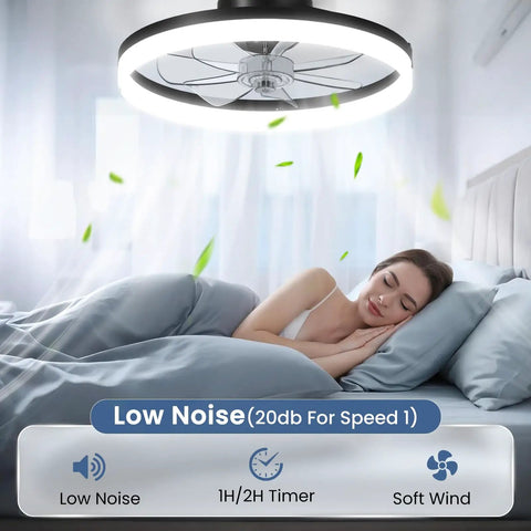 Slick 20 Inch Low Profile Ceiling Fan With Dimmable Led Light, Smart Remote And Phone App Control, Fast Fold Blades For Killer Airflow Indoors On Repeat, with soft wind feature above a bed.