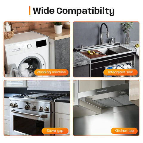 Diagram showing wide compatibility for kitchen appliances including washing machine, integrated sink, stove gap, and kitchen top.