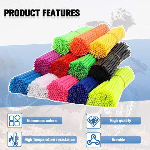 72 Pcs Dirt Bike Spoke Covers Kit With Dustproof Wheel Rim Skins Wraps Guards And Bicycle Tire Trim Decoration Protector Universal Fit Easy Install For Motorcycles Scooters And Bikes Light Blue in multiple colors displayed.
