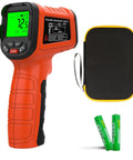 Non Contact Infrared Thermometer Gun With 50 To 1 Distance To Spot, 13 Laser Points, And Wide Temperature Range From Minus 58 Fahrenheit To 2732 Fahrenheit For Cooking, Pizza Oven, Griddle, Reptile Tanks, HVAC And Industrial Use, shown with case and batteries.
