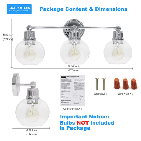 Three Light Chrome Vanity Light Fixture For Bathroom Powder Room Wall Sconce With Globe Glass Shades Modern Farmhouse Style Fits Single Or Double Vanities E26 Base Bulbs Not Included