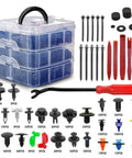 910 Piece Car Push Retainer Clips Plastic Fasteners Kit With 6 Nylon Trim Removal Tools with storage box and tools displayed