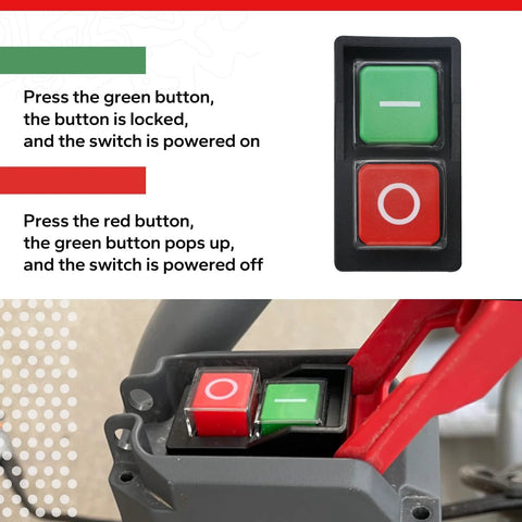 Front view of a 120V electromagnetic push-button switch with green start and red stop buttons