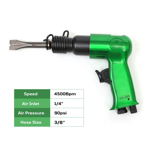 Short Barrel Air Hammer Kit With Four Chisels, One And Five Eighths Inch Stroke, 4500 BPM, 4 CFM At 90 PSI, green air tool