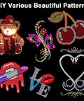 Colorful rhinestone patterns including bear, cherries, butterfly, lipstick, love sign, and heart for Hotfix Rhinestone Applicator Kit