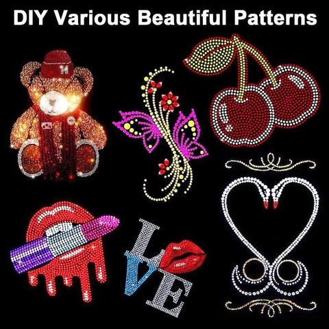 Colorful rhinestone patterns including bear, cherries, butterfly, lipstick, love sign, and heart for Hotfix Rhinestone Applicator Kit