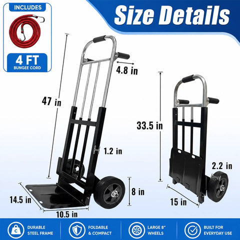 Heavy Duty Folding Hand Truck Dolly With 8 Inch Puncture Resistant Tires 650 To 800 Lb Capacity size details shown