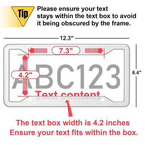 Diagram of Custom Aluminum License Plate Frame For Front Or Rear showing measurements for perfect text fit, size 12.3x6.4 inches
