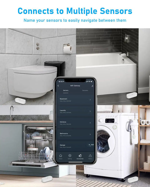 Five Pack Water Leak Sensor Kit With WiFi Gateway, 120dB Alarm And Real Time App Alerts next to toilet, bathtub, dishwasher, washer