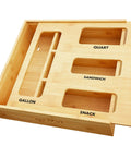 Durable Bamboo Bag Holder For Kitchen Drawer Fits Gallon Quart Sandwich Snack Bags Crushes Clutter And Keeps Your Pantry Slick And Super Hella Organized All Day, view of slots for different bag sizes.