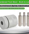 Pro-Grade Coin Ring Punch Kit And Die Set With 3/8-Inch, 7/16-Inch, And 1/2-Inch Punches, shown with steel material