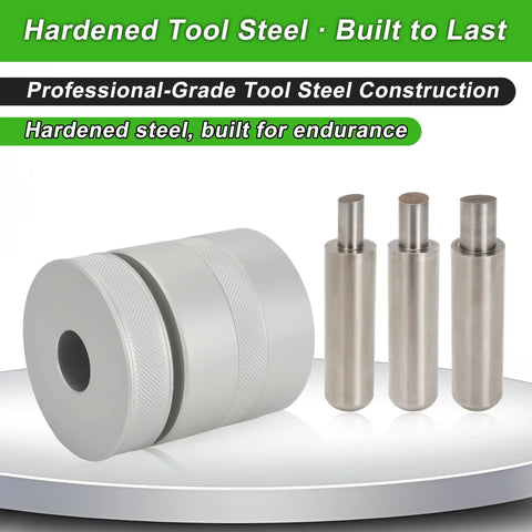 Pro-Grade Coin Ring Punch Kit And Die Set With 3/8-Inch, 7/16-Inch, And 1/2-Inch Punches, shown with steel material