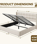 Sick King Size Lift Up Storage Platform Bed With Top Shelf Linen Wingback Headboard showing open hydraulic lift with dimensions.