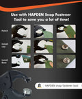 Image showing the use of HAPDEN snap fastener tool to install 15mm marine grade snaps on fabric. Process steps include punch and install.