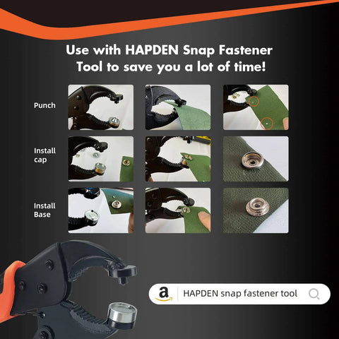 Image showing the use of HAPDEN snap fastener tool to install 15mm marine grade snaps on fabric. Process steps include punch and install.