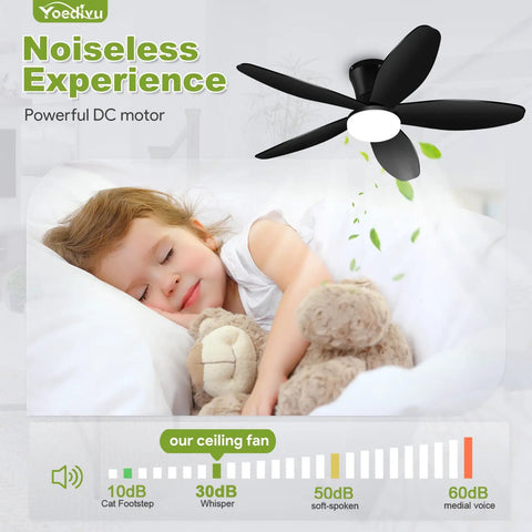 No Sweat When You Run This Ace 42 Inch Low Profile Flush Mount Ceiling Fan With Smart Lighting Remote Control And Six Speeds positioned above a child sleeping.
