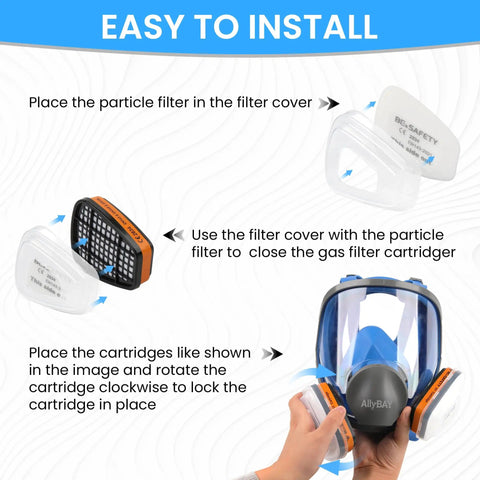 Full Face Reusable Respirator Mask With A1 Organic Vapor Filters And P2 Dust Filters being installed, showing filter components