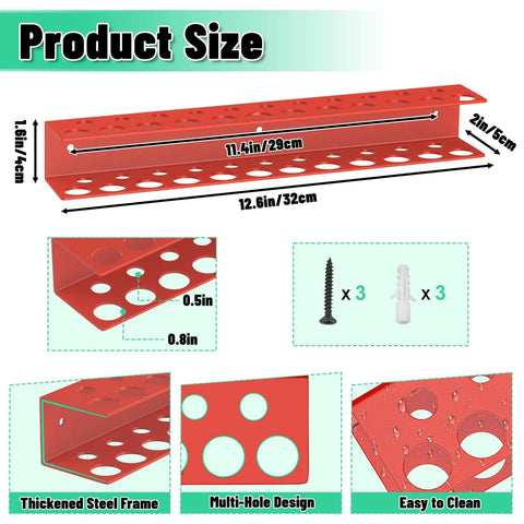 Dimensions and features of the Red Wall Mount Screwdriver And Pliers Organizer Rack With 23 Holes, Metal Tool Holder for garages.